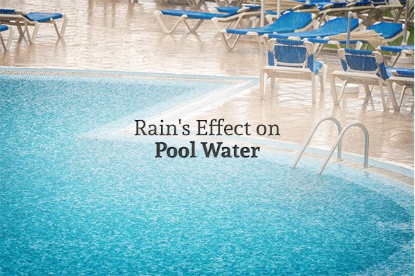 A picture of a pool and pool deck during a rain storm with the words "Rain